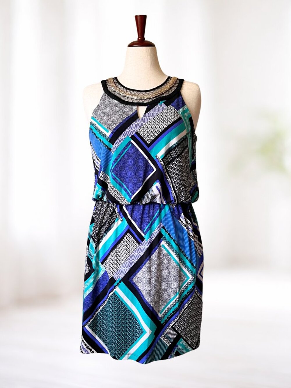 Halter Dress 8 Teal Black Hippie Artsy Boho Festival Y2K Cruise Cocktail Party